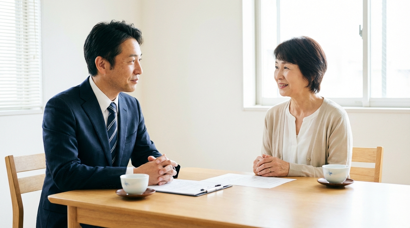 司法書士が依頼者の話を真摯に聞いている相談風景。不安な表情の依頼者が徐々に安心していく様子を表している。
