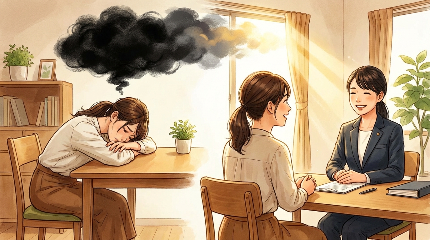 相続登記の悩みを専門家に相談し、心の重荷が軽くなる様子を描いたイラスト。