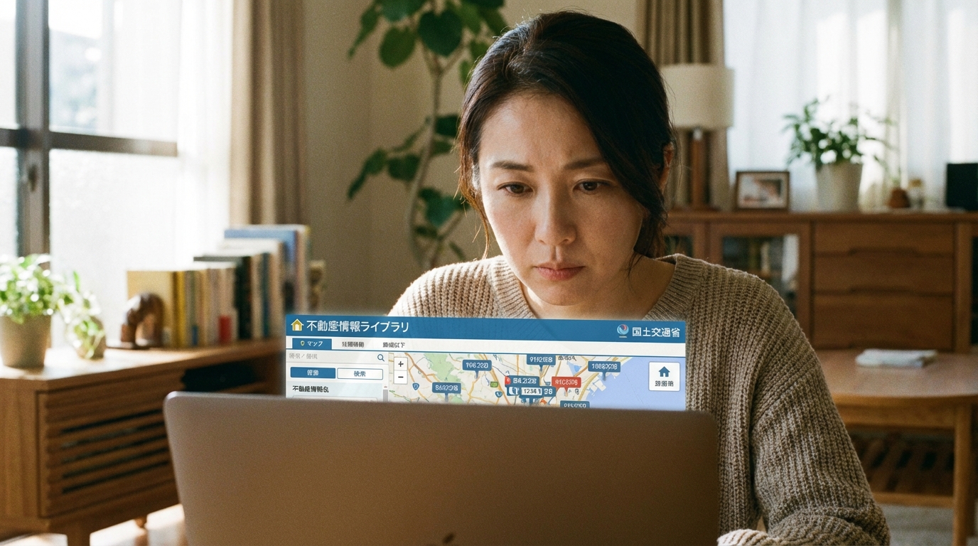 自宅でノートパソコンを使い、国土交通省のサイトで不動産の成約価格を調べている女性。専門家に頼るだけでなく、自分で相場を調べることの重要性を示している。