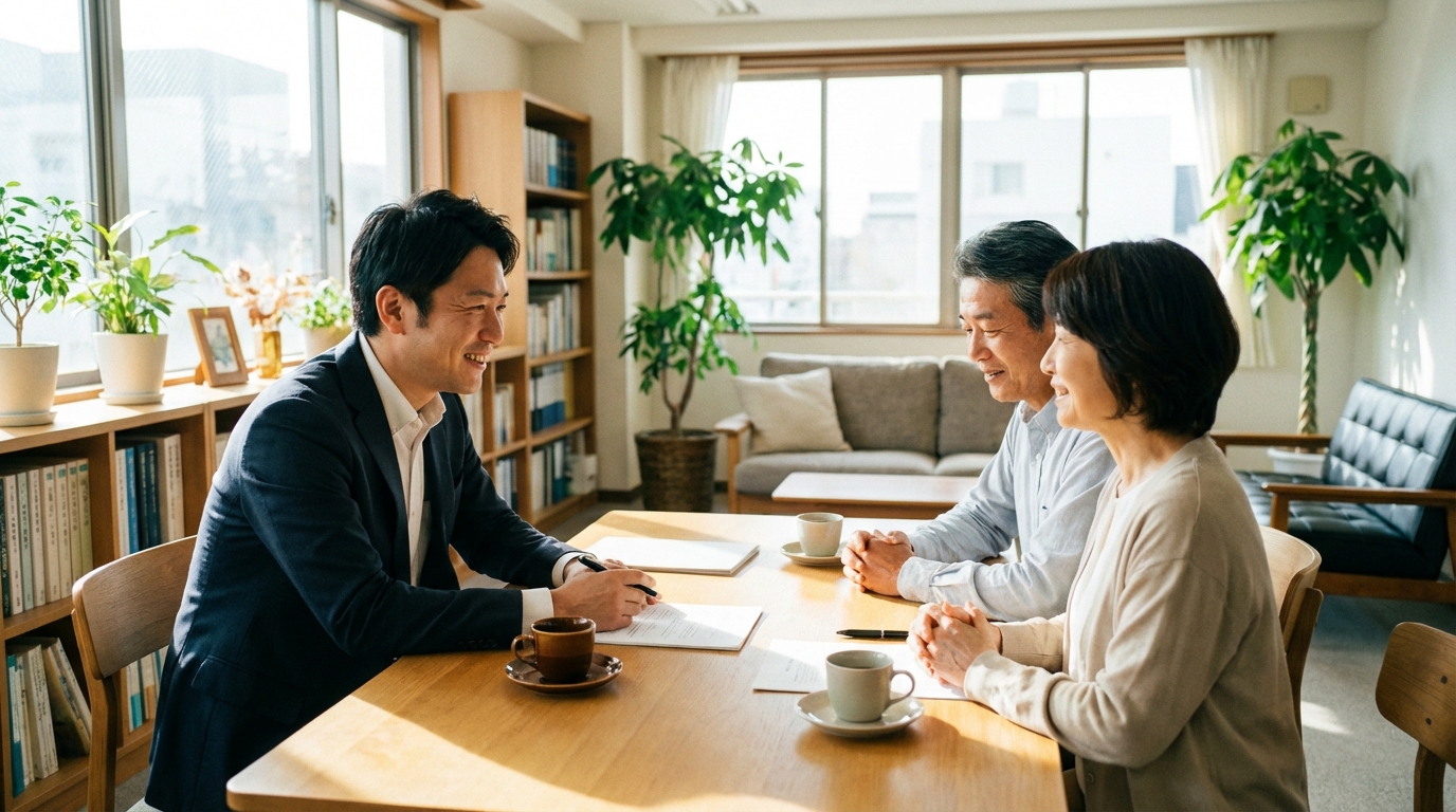 司法書士事務所で相談している夫婦。司法書士が親身に話を聞いており、安心して相談できる雰囲気が伝わってくる。