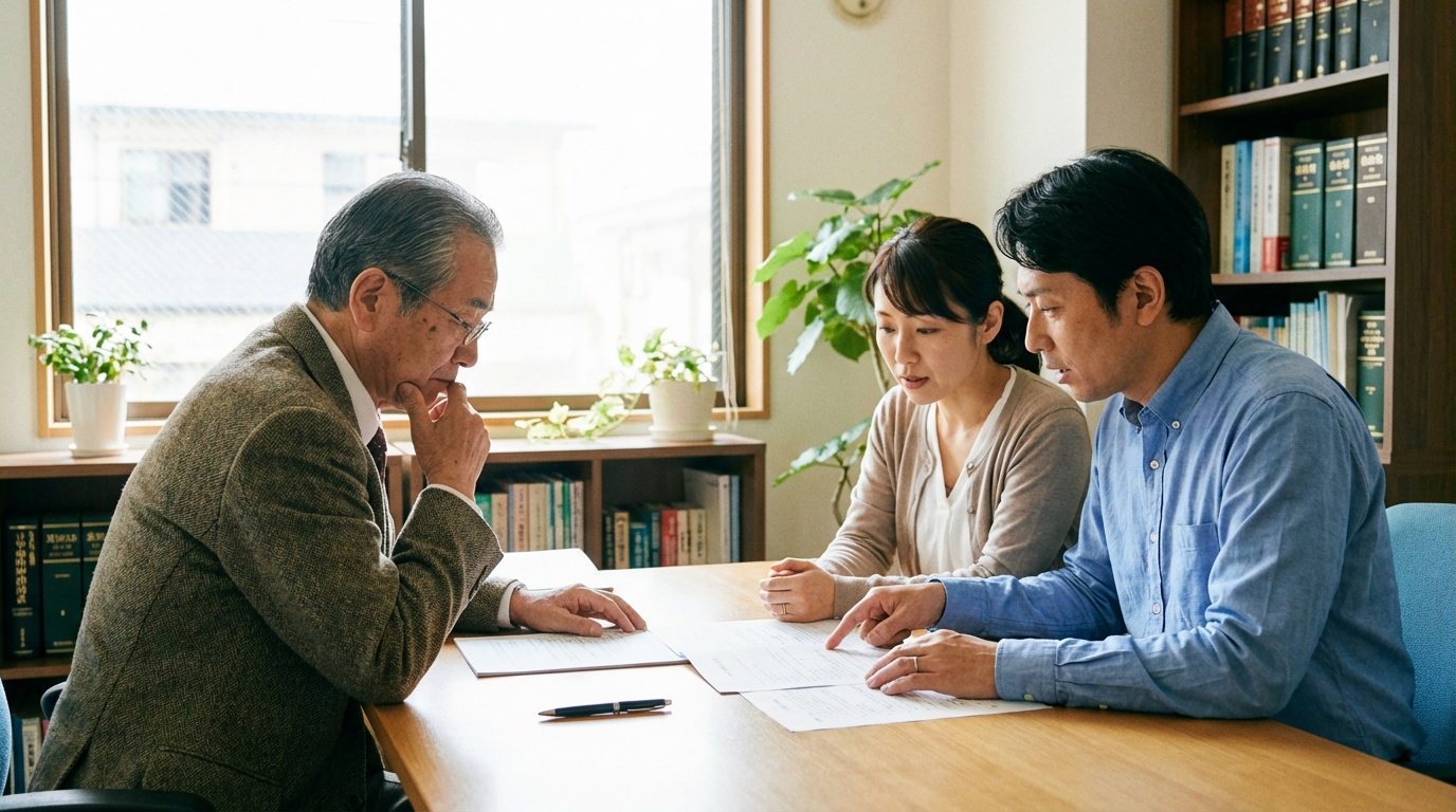 司法書士事務所で地主と借地人が借地権信託について話し合っている様子。円満な交渉の重要性を象徴している。