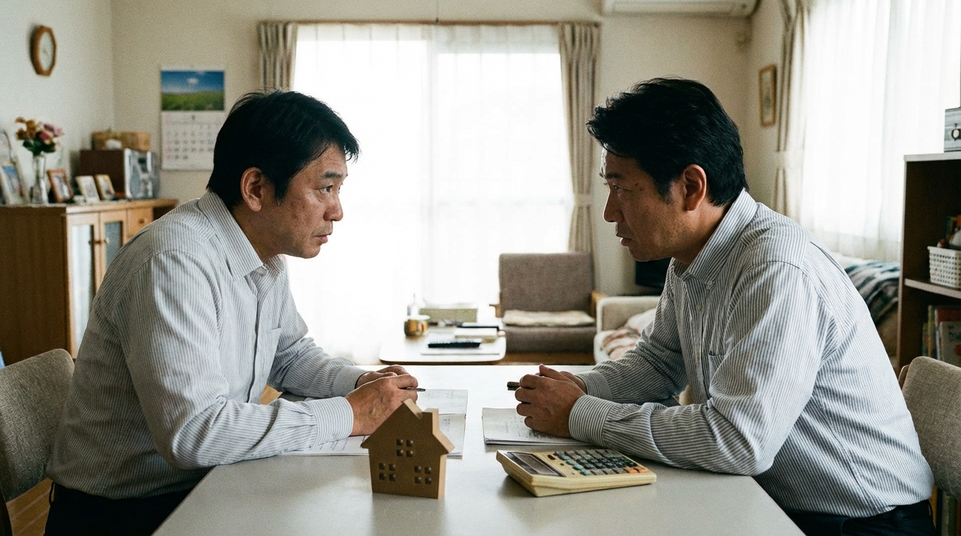 相続不動産の分割について話し合う兄弟。テーブルの上の家の模型が、話し合いの中心が不動産であることを示唆している。