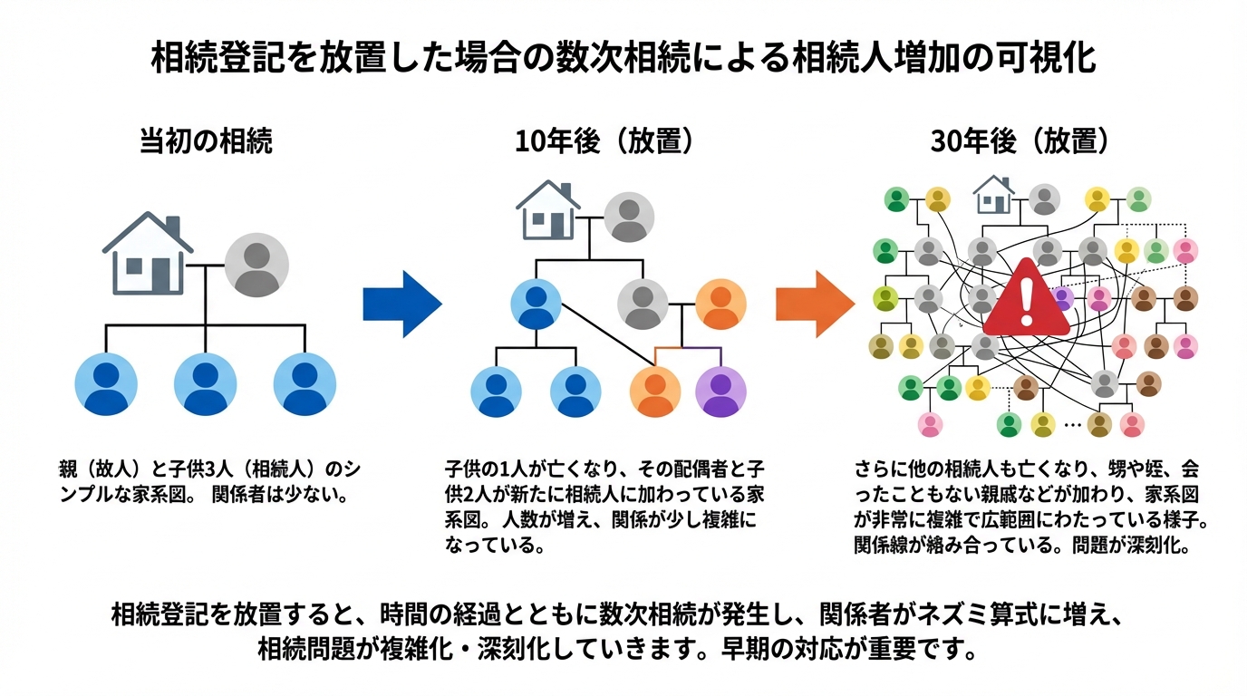 相続登記を放置した結果、数次相続で相続人が増えていく様子の図解。当初は3人だった相続人が、30年後には数十人に膨れ上がり、権利関係が複雑化していることが示されている。
