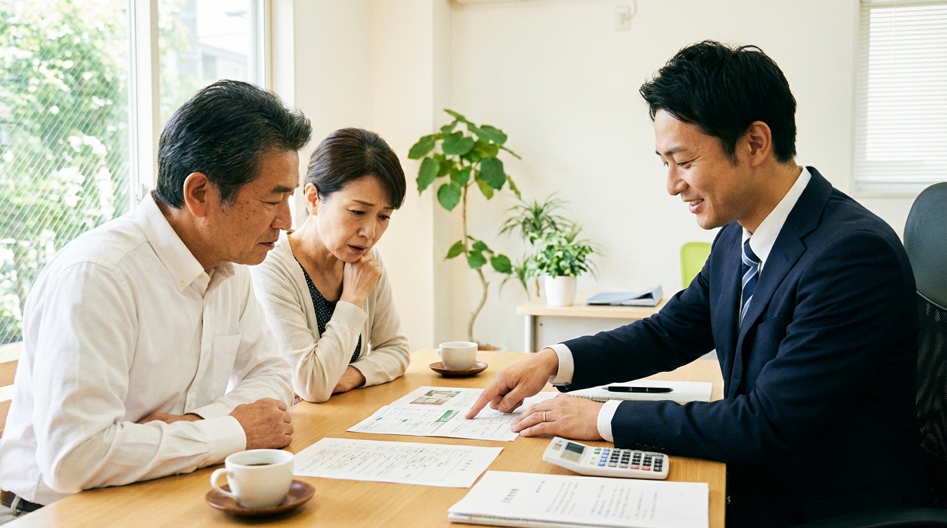 司法書士が相続について相談に来た夫婦に、親身になってアドバイスしている様子。