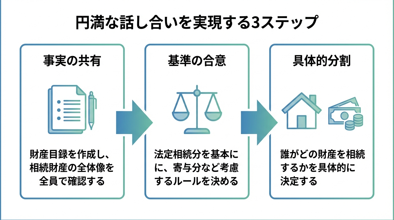 遺産分割協議を円満に進めるための3ステップを示した図解。ステップ1は事実の共有、ステップ2は基準の合意、ステップ3は具体的な分割。