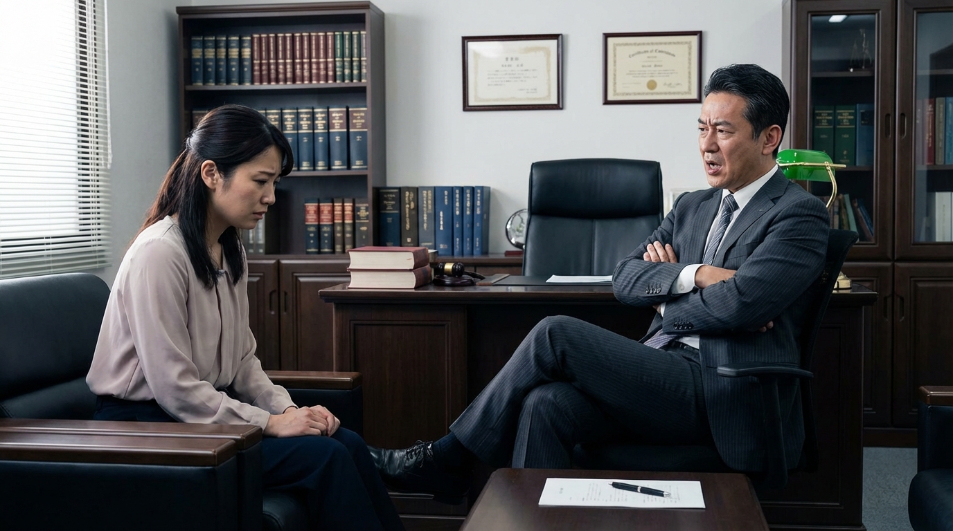 話を遮り、高圧的な態度をとる弁護士に困惑する相談者のイラスト。「避けるべき弁護士」の特徴を表している。