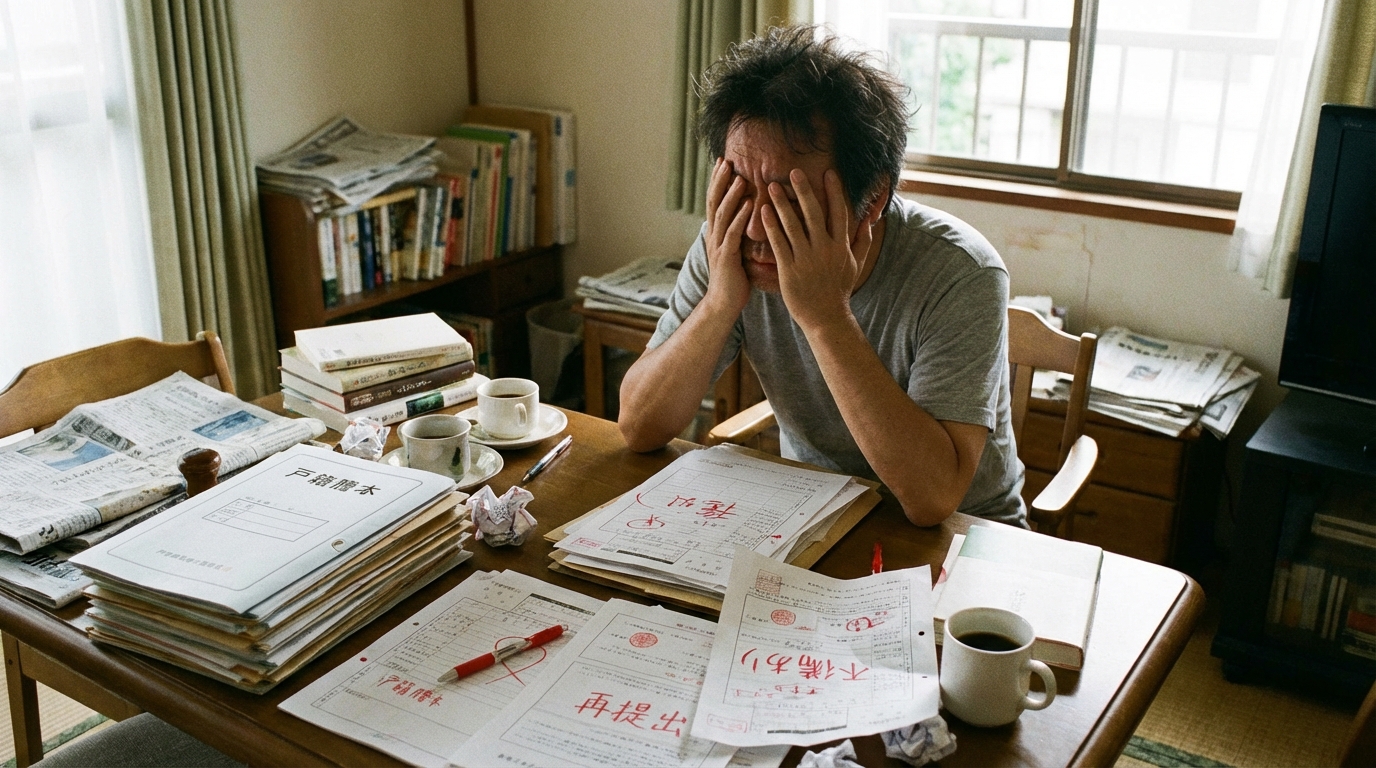 たくさんの相続関係書類を前に、頭を抱えて悩んでいる男性。書類の不備で手続きが長期化しているリスクを象徴している。