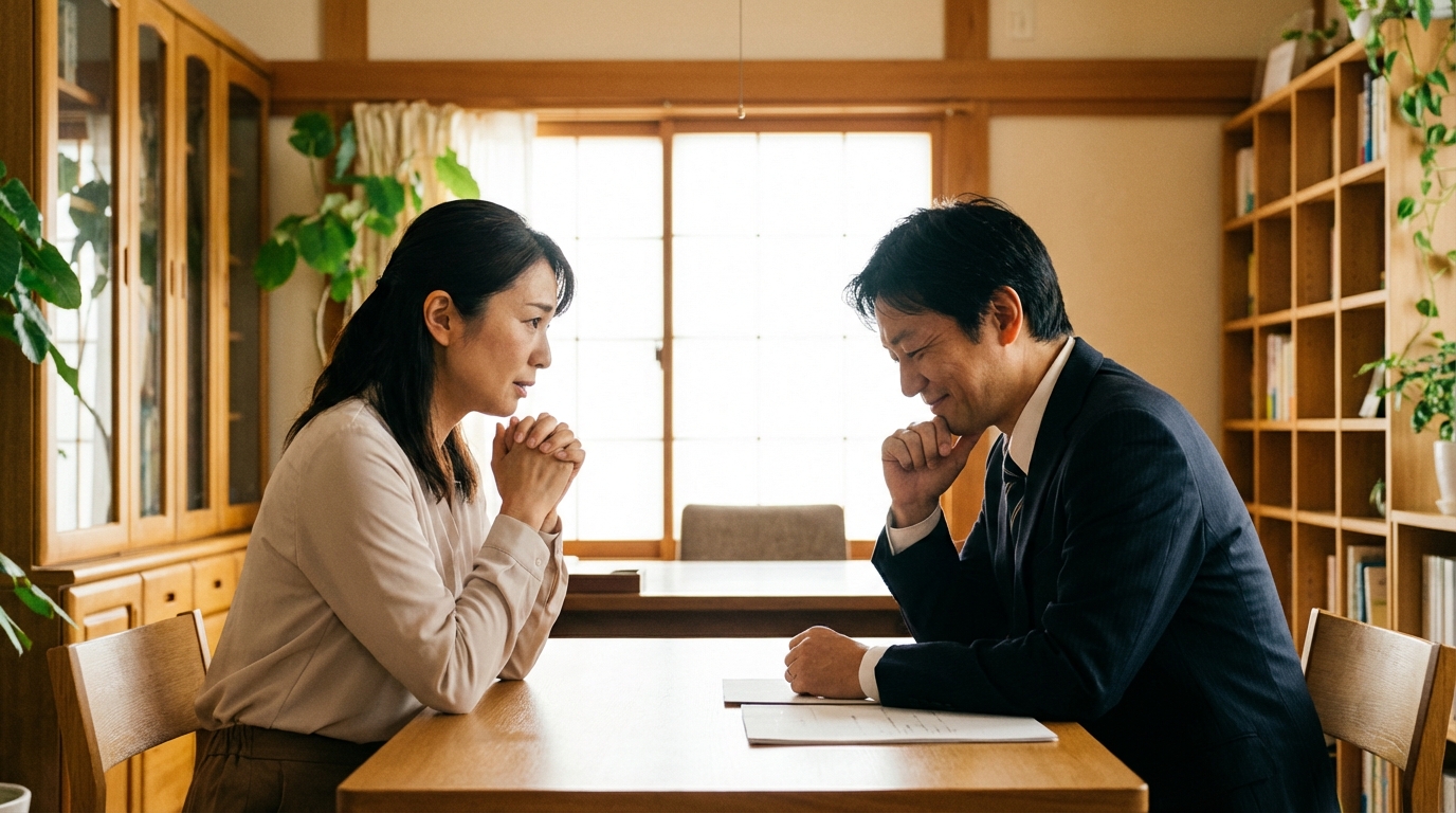 相談者の不安な気持ちに優しく寄り添い、耳を傾ける司法書士との無料相談の様子。