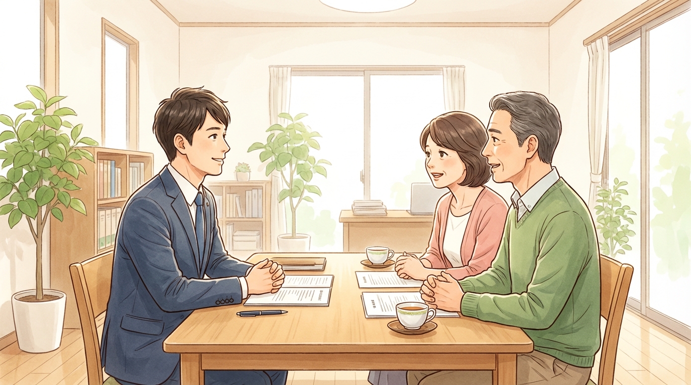 司法書士が依頼者の夫婦から相続の相談を受けているイラスト。専門家が親身に話を聞くことで、依頼者が安心している様子が描かれている。