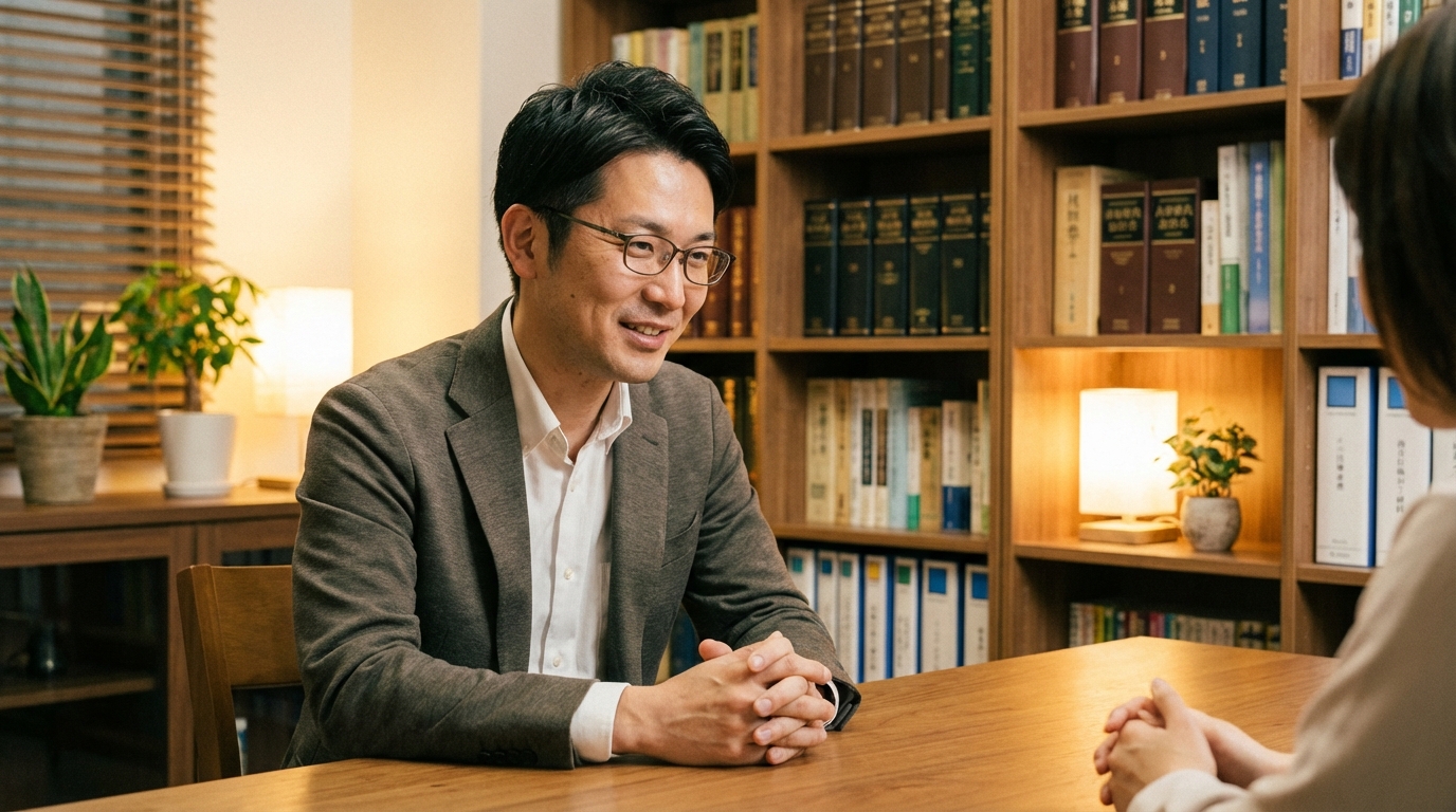 司法書士が相談者の悩みに耳を傾け、親身にアドバイスしている様子。