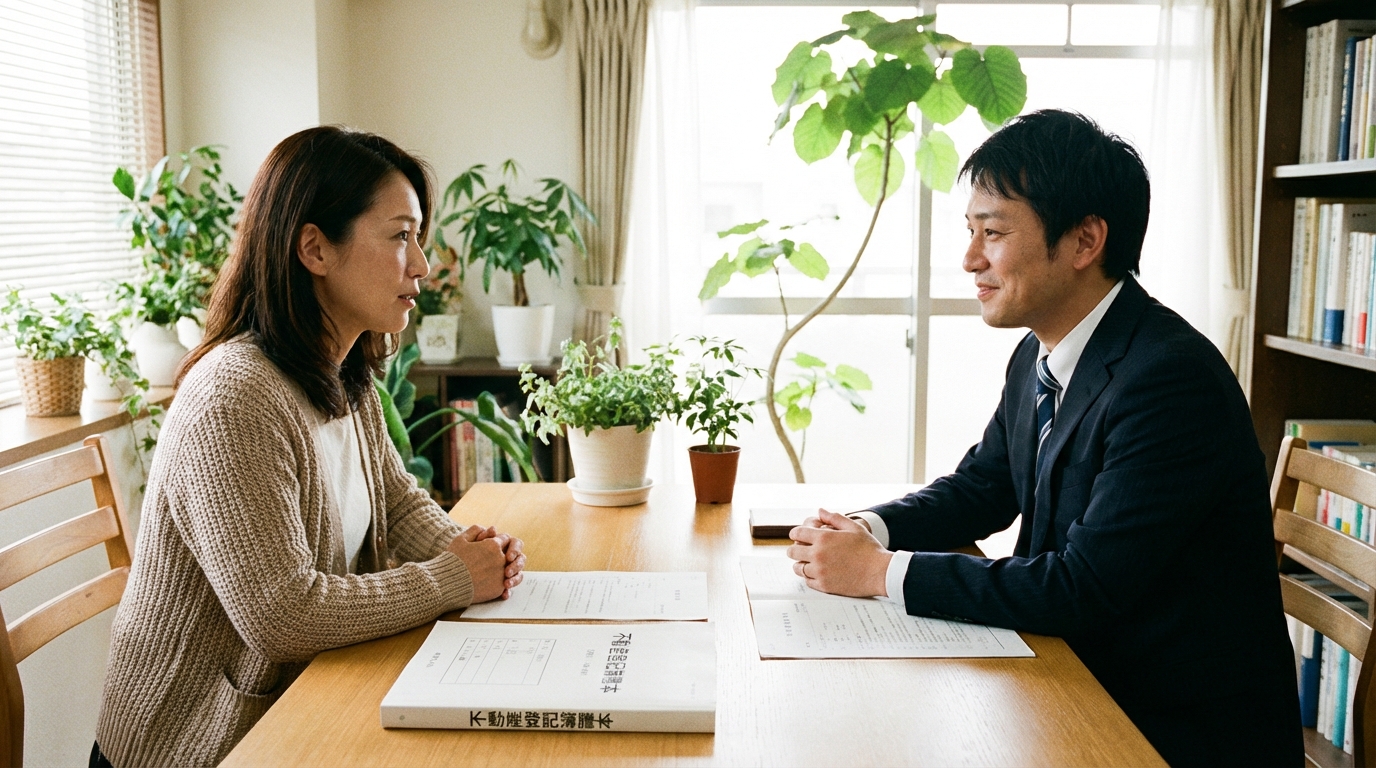 司法書士に相続不動産売却の悩みを相談する女性。専門家が親身に話を聞くことで、問題解決への希望が感じられる。