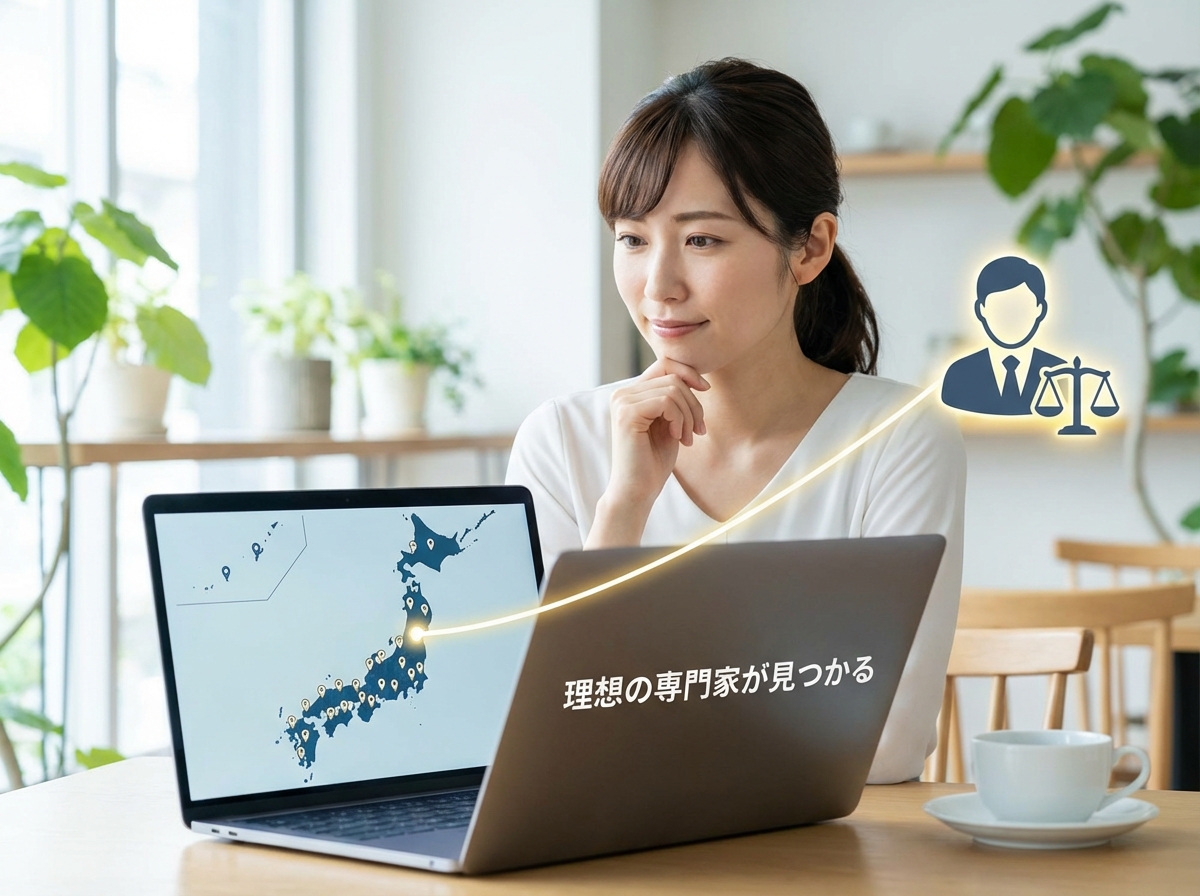 パソコンで日本全国から自分に合う司法書士を探す女性のイラスト。場所にとらわれず専門家を選べるメリットを象徴している。