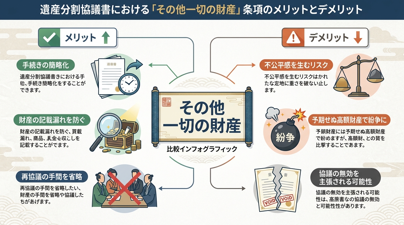 「その他一切の財産」条項のメリット（手続き簡略化、記載漏れ防止）とデメリット（不公平感、紛争リスク）を比較した図解。