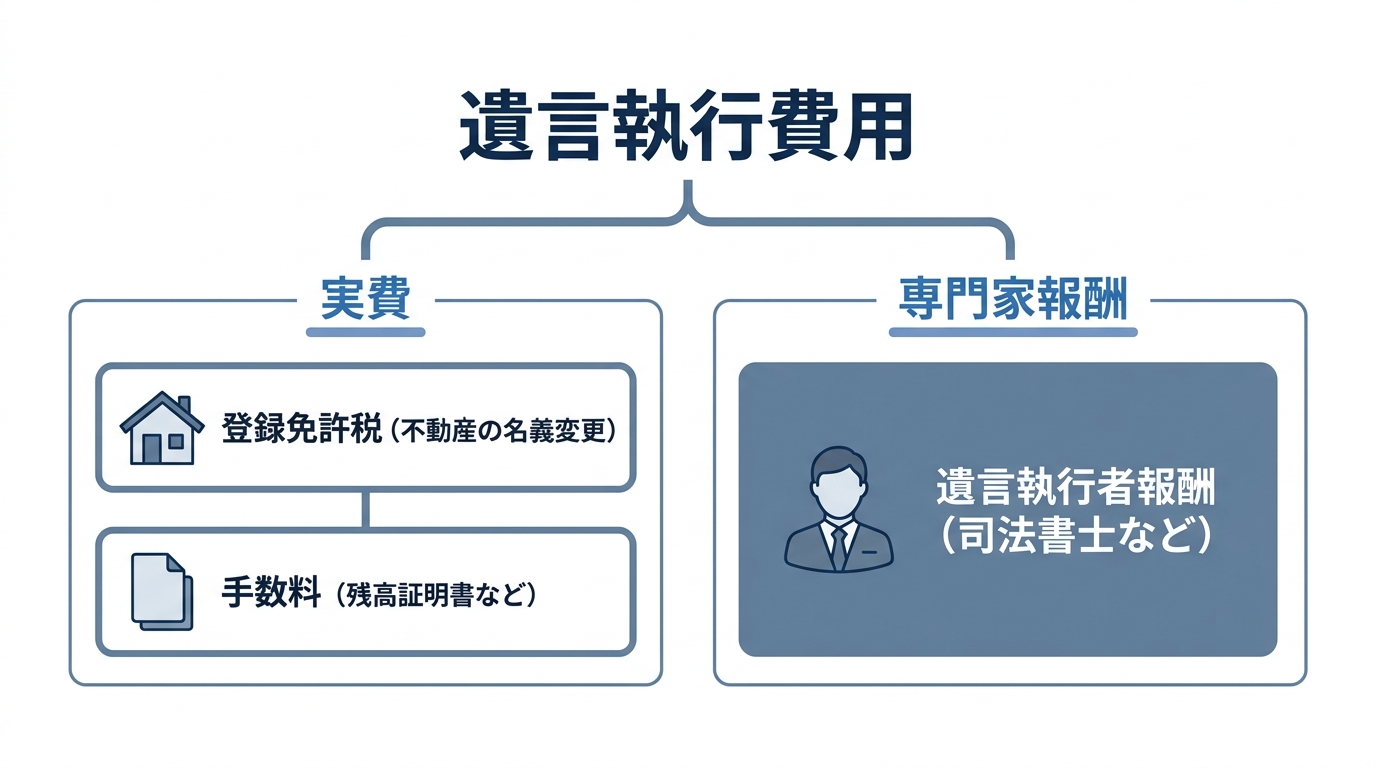 遺言執行にかかる費用の内訳を示した図解。費用は「実費（登録免許税、手数料）」と「専門家報酬（遺言執行者報酬）」に大別される。