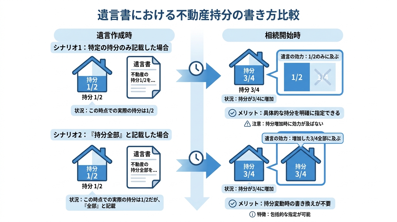 遺言書に「共有持分全部」と書くメリットを図解したインフォグラフィック。遺言作成後に持分が増えても、書き換え不要で全ての持分を相続させられることを示している。