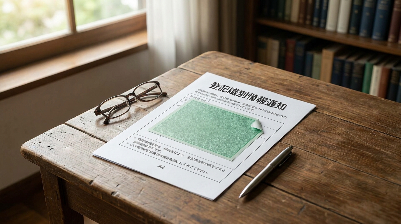 相続登記完了後に発行される登記識別情報通知。緑色の目隠しシールが貼られた状態で、これが新しい権利証の役割を果たす。