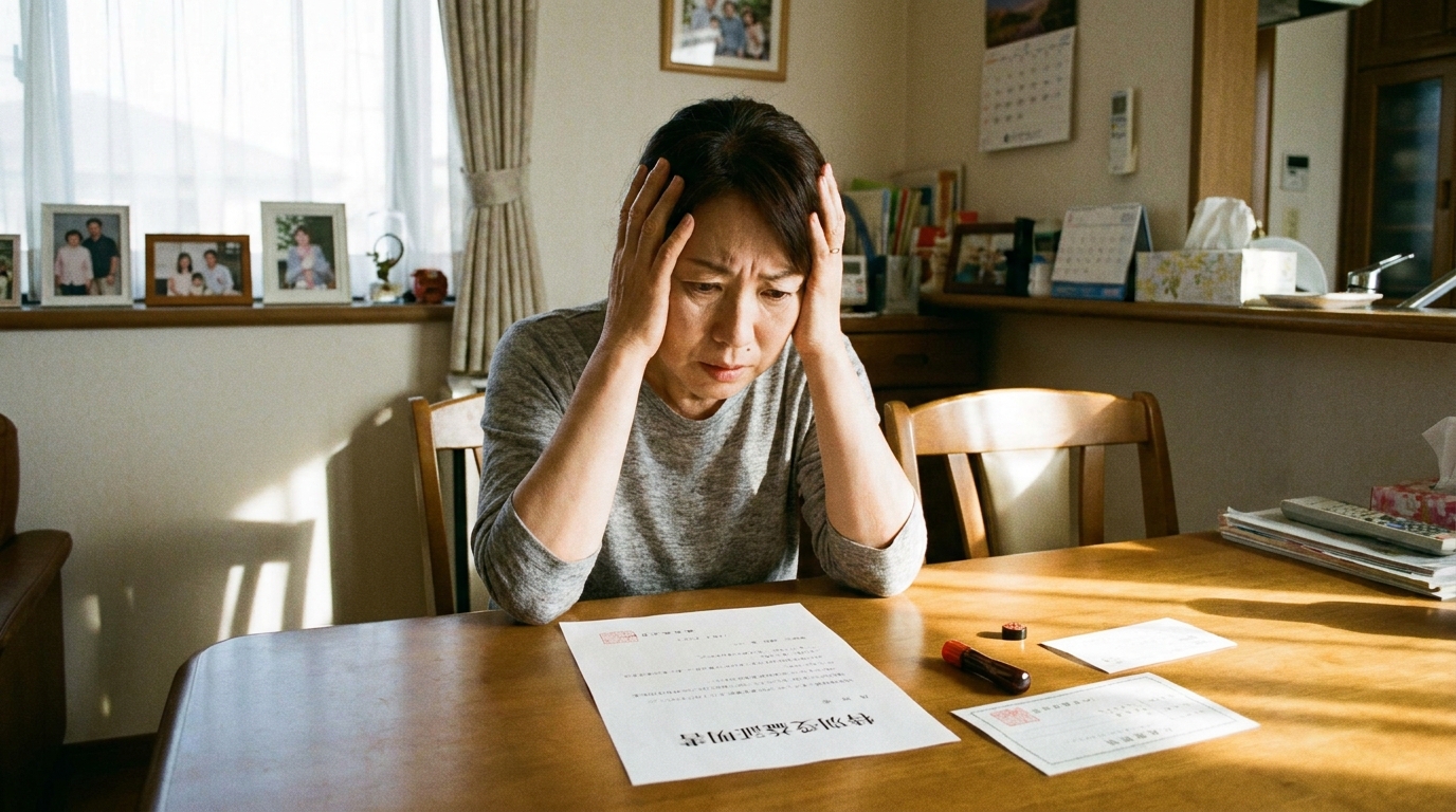 特別受益証明書を前に困惑した表情を浮かべる女性。書類への安易な署名のリスクを象徴している。