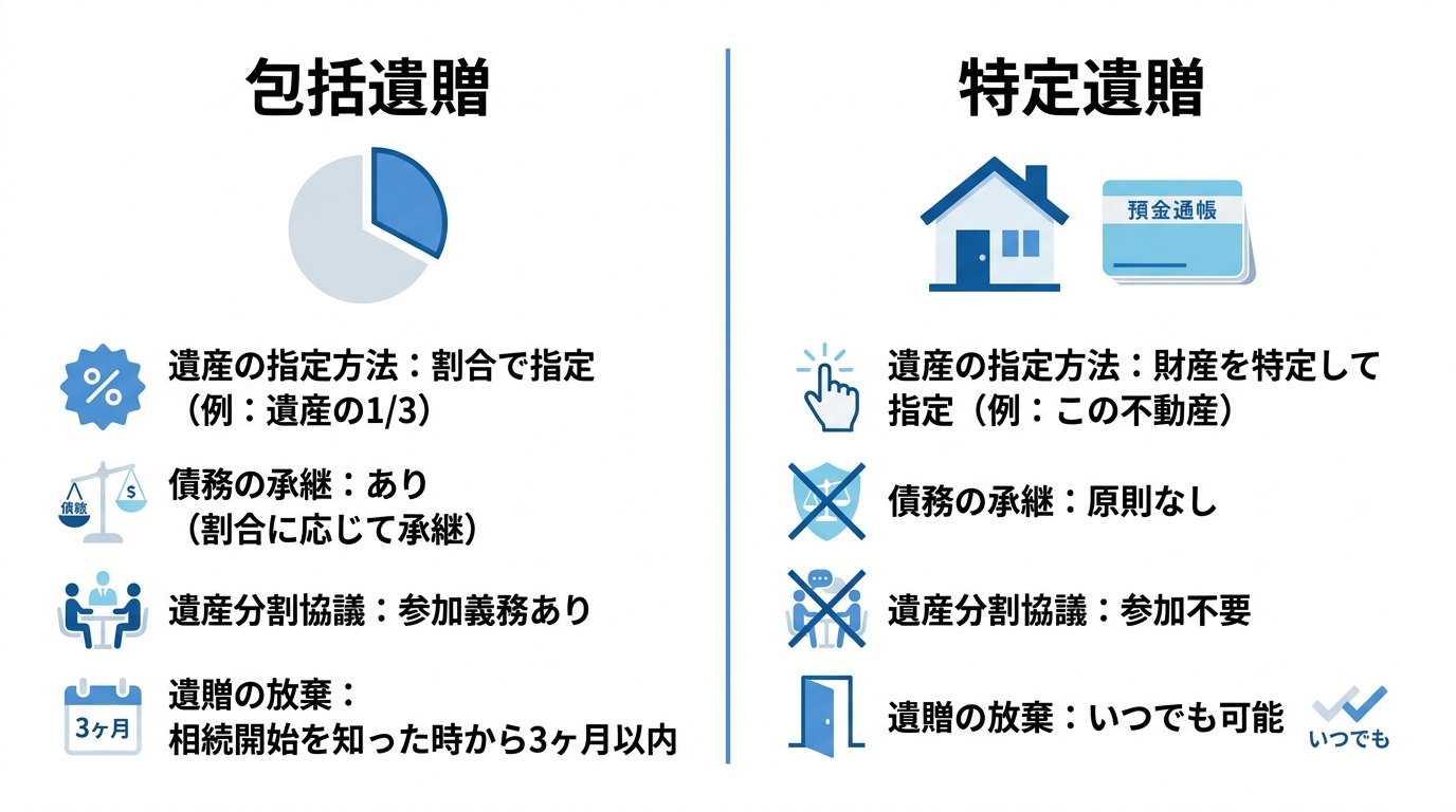 包括遺贈と特定遺贈の4つの主要な違い（遺産の指定方法、債務の承継、遺産分割協議への参加、放棄方法）を比較した図解。