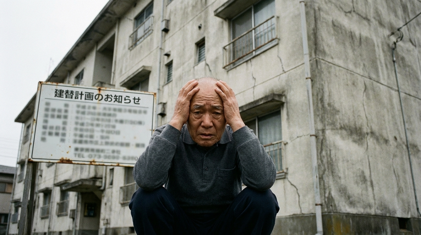 マンションの建て替え計画を前に、認知症になったらどうしようかと不安げな表情で頭を抱える高齢男性。