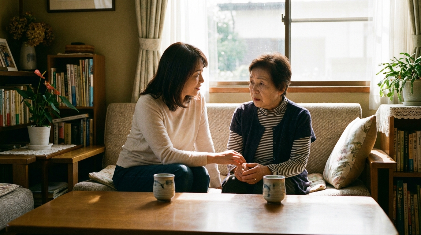 リビングで母親と向き合い、遺言について穏やかに話す娘の様子。