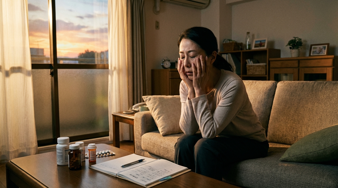 親の介護に疲れ、リビングで一人考え込む女性。相続問題での苦悩を象徴している。