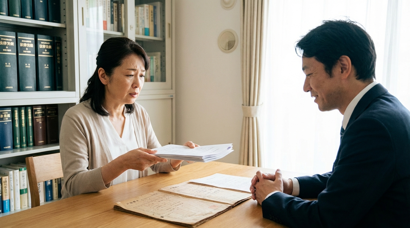司法書士に相続手続きの相談をしている女性。テーブルには書類が広げられ、専門家が親身に話を聞いている。