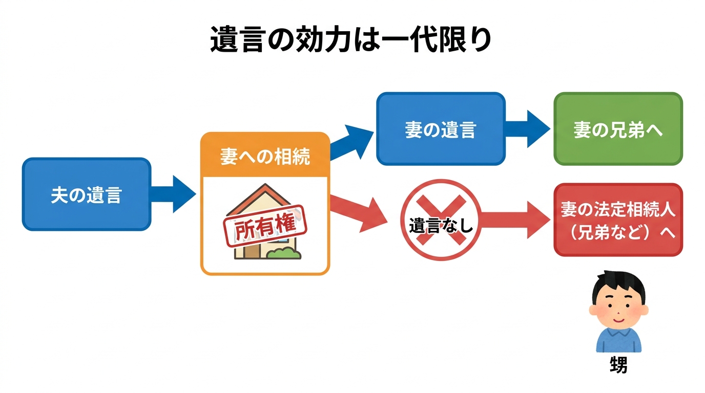 遺言の効力が一代限りであることを示す図解。夫から妻へ相続された不動産は、妻の遺言や法定相続によって妻の親族へ渡る可能性があり、夫の遺言で指定した甥には渡らないことを示している。