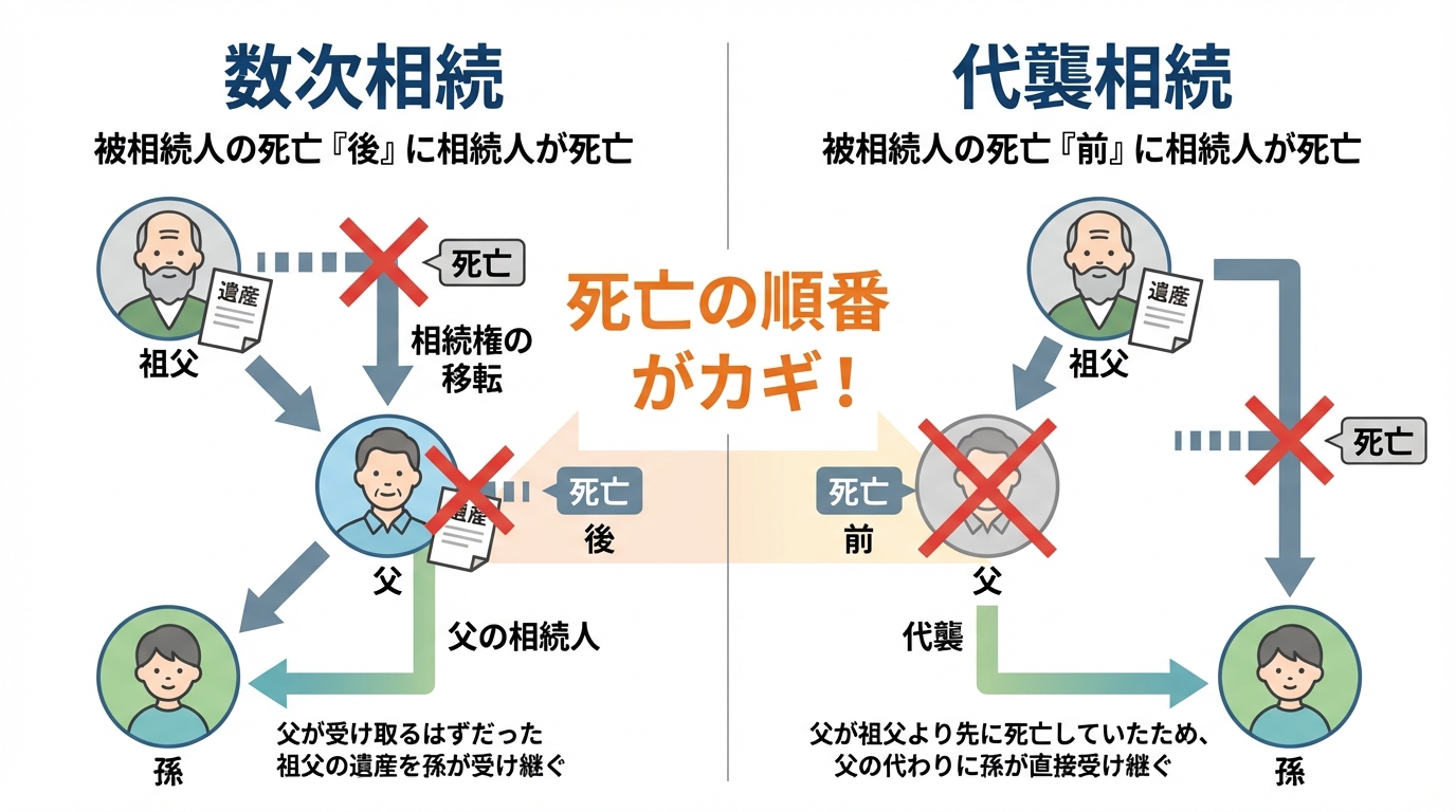 数次相続と代襲相続の違いを比較する図解。被相続人の死亡後に相続人が亡くなるのが数次相続、前に亡くなるのが代襲相続であることを示している。