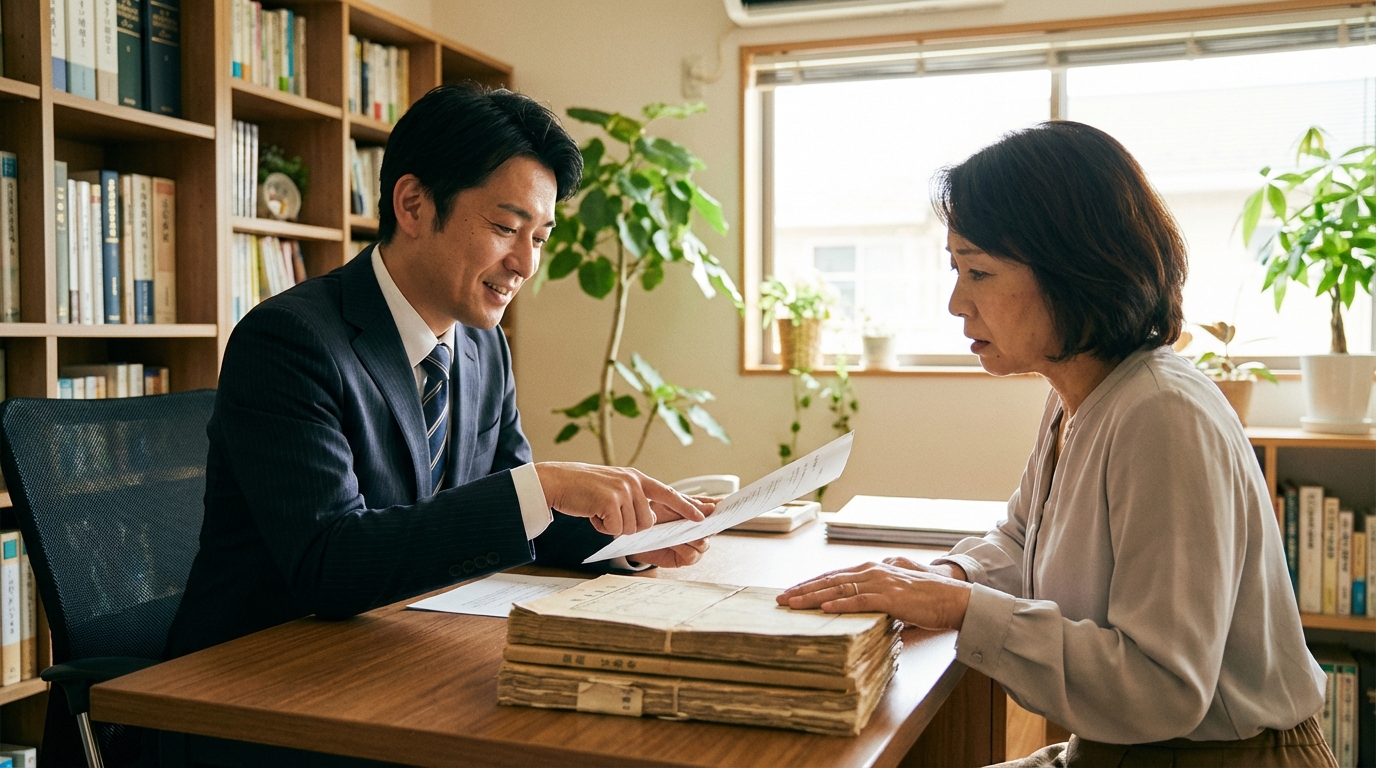 司法書士に多数の相続人がいる相続手続きについて相談している女性。専門家が親身に話を聞き、不安が和らいでいる様子。