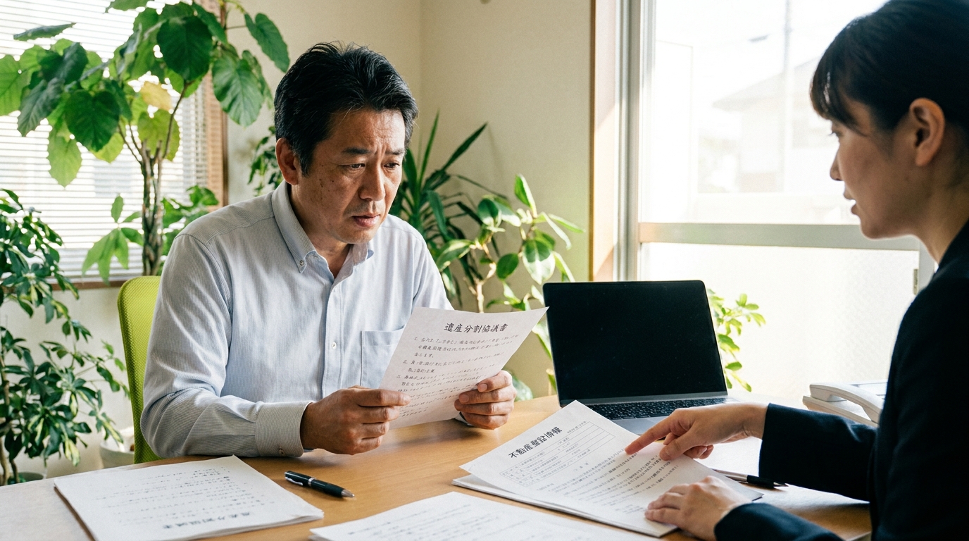 遺産分割協議書の不備について司法書士に相談する男性。専門家が書類を確認し、問題点を指摘している。