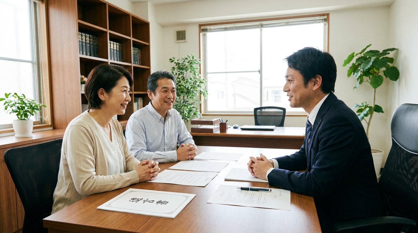 司法書士に遺言作成の相談をする夫婦。専門家のアドバイスに安心した様子で耳を傾けている。