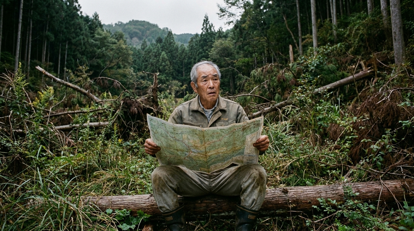 価値の低い山林を相続してしまい、管理に困り果てている男性。遺言で包括的に財産を遺すリスクを象徴している。
