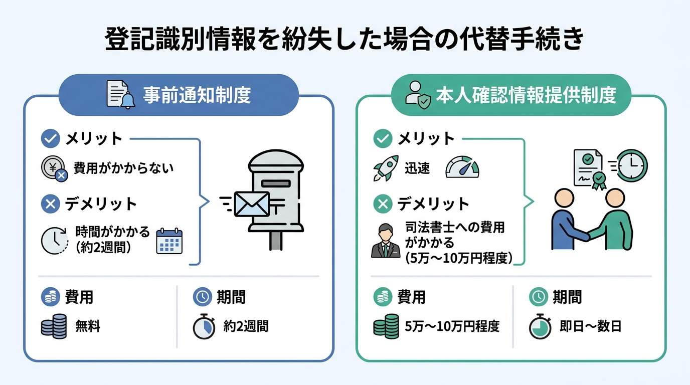 登記識別情報を紛失した場合の代替手続きである「事前通知制度」と「本人確認情報提供制度」をメリット・デメリット・費用・期間で比較した図解。