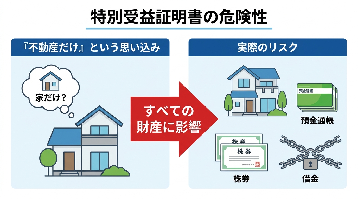 特別受益証明書が不動産だけでなく、預貯金や借金など全ての財産に影響を及ぼす危険性を示した図解。