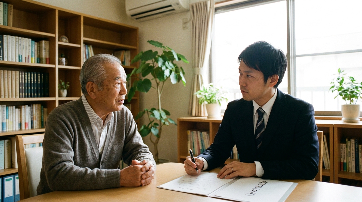 司法書士に遺言書作成の相談をする男性。専門家への相談がトラブル回避に繋がることを示唆している。