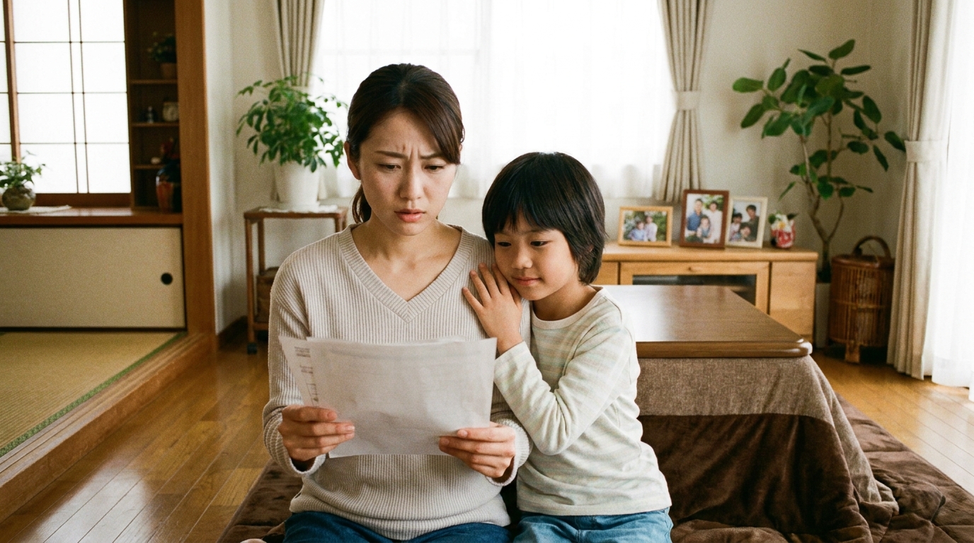 相続書類を前に不安そうな表情を浮かべる母親と、それに寄り添う子ども。