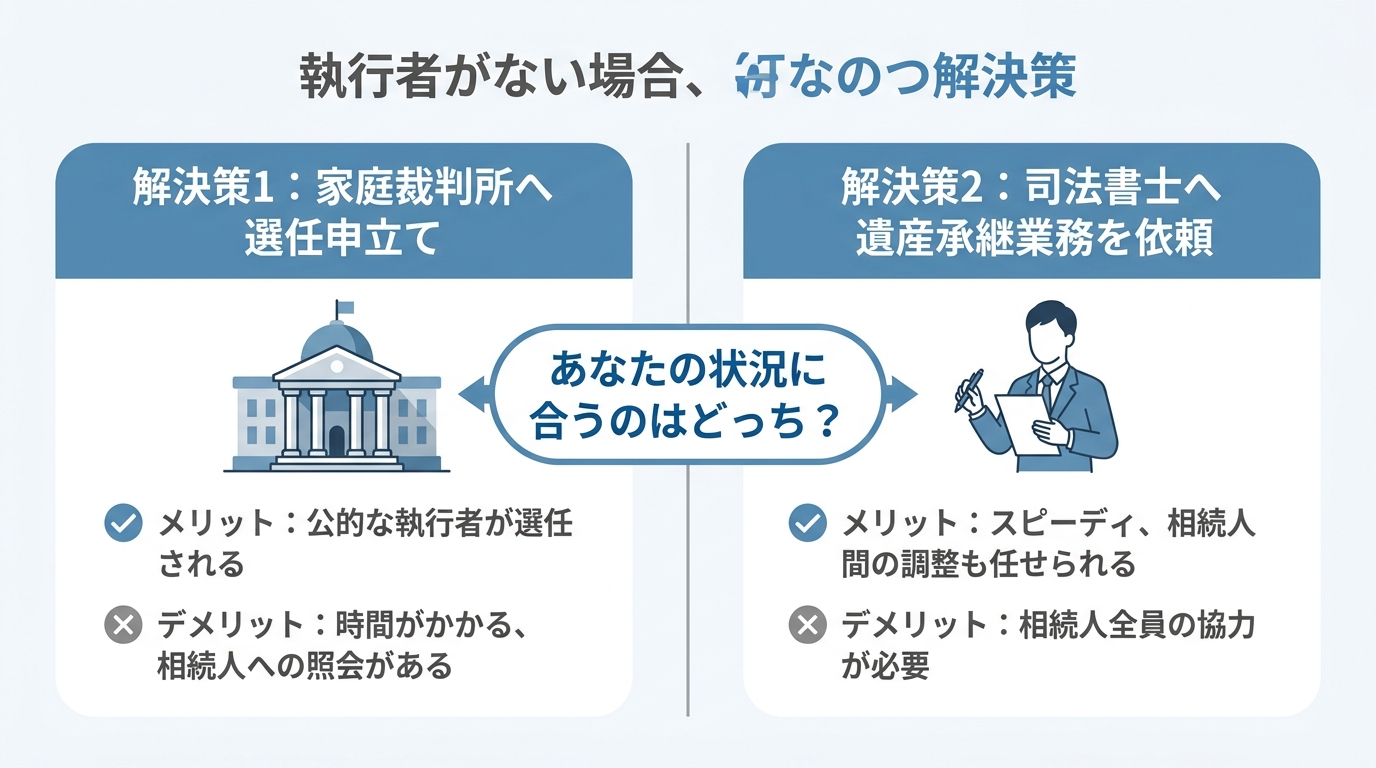 遺言執行者がいない場合の解決策「家庭裁判所への選任申立て」と「司法書士への遺産承継業務依頼」のメリット・デメリットを比較した図解。