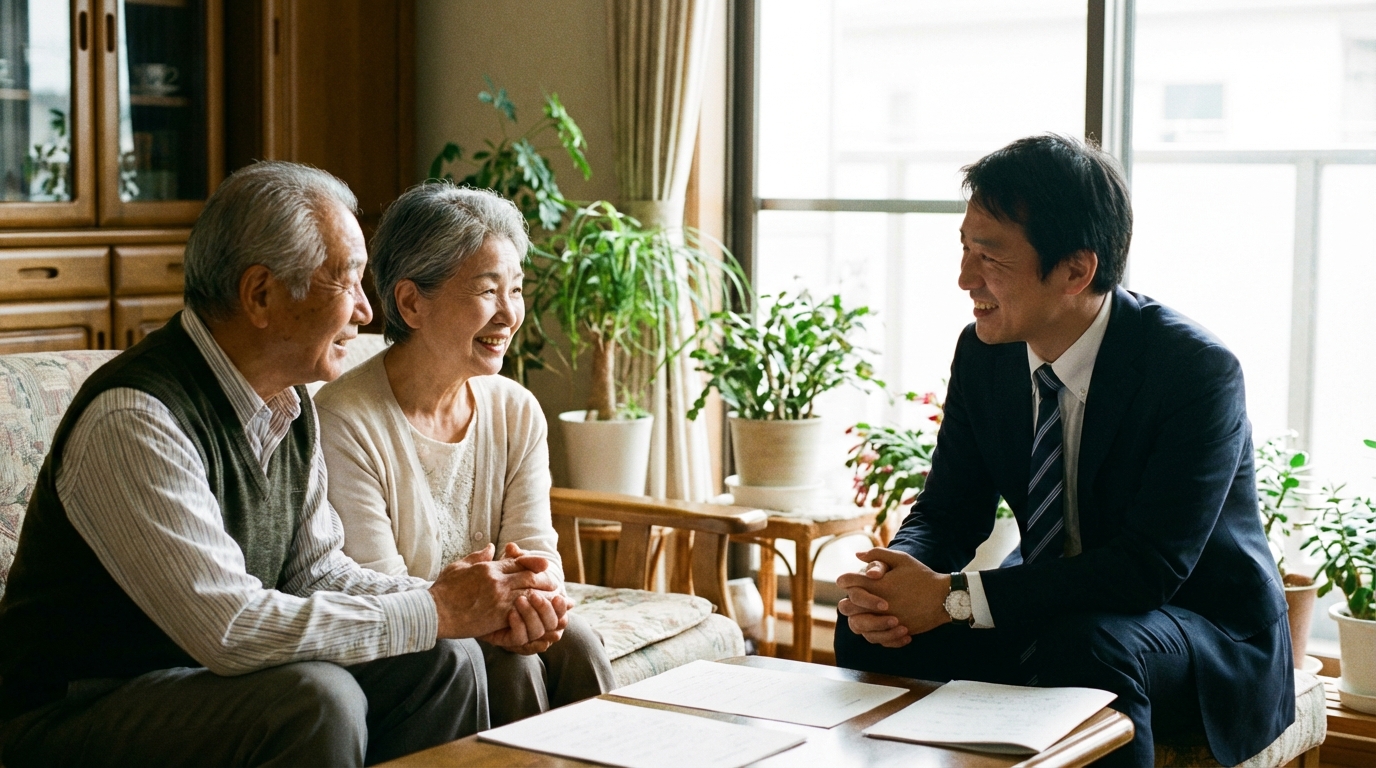 司法書士に相談し、安心した表情を浮かべる子なし夫婦。遺言書作成の悩みが解決した様子。
