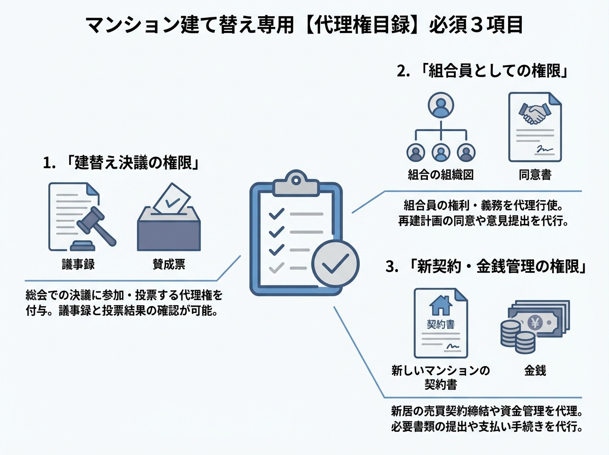 マンション建て替えの任意後見契約で代理権目録に記載すべき3つの必須項目を図解したインフォグラフィック。建替え決議、組合員権限、新契約・金銭管理の権限。