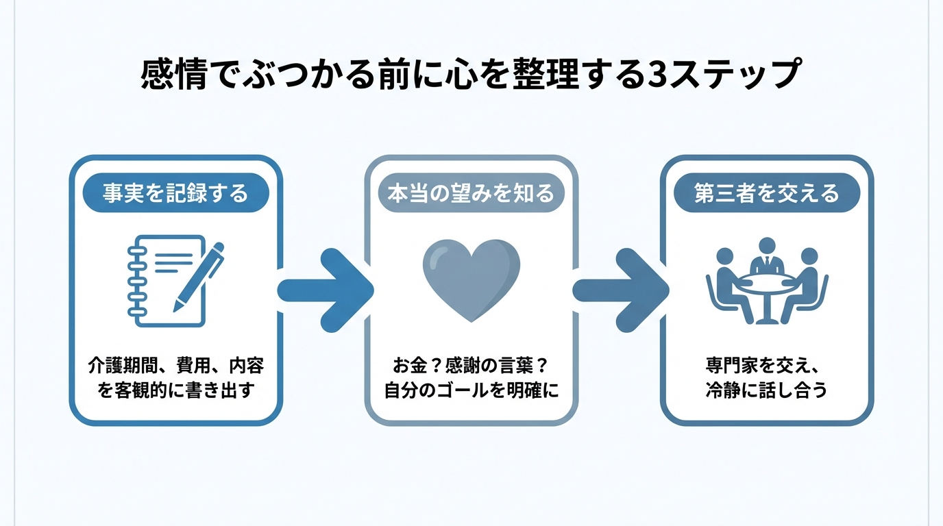 相続問題で感情的になる前に心を整理するための3ステップ図解。1.事実の記録、2.本当の望みを知る、3.第三者を交える、という流れを示している。