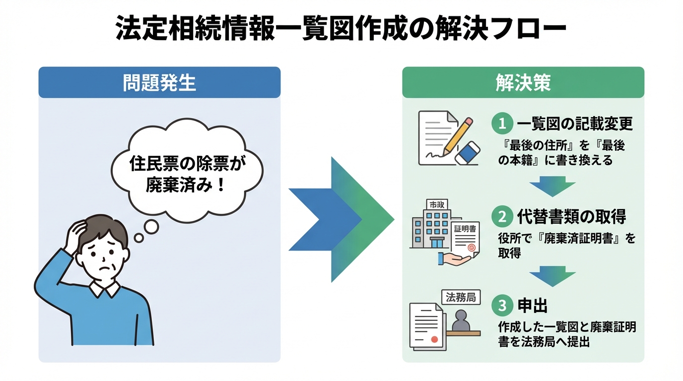 住民票が廃棄された場合の法定相続情報作成フロー図。住所を本籍に書き換え、廃棄証明書を添付して法務局に申し出るという3ステップを示している。