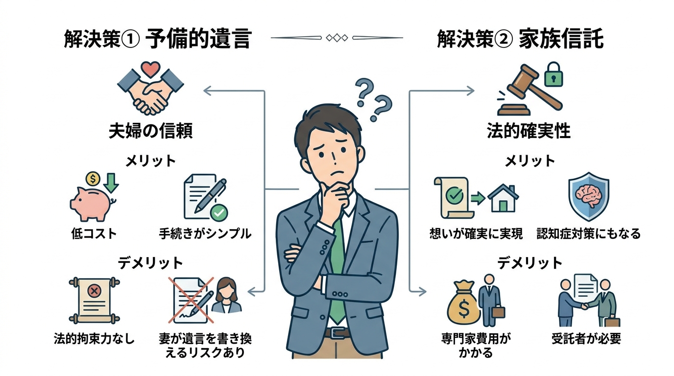 「予備的遺言」と「家族信託」のメリット・デメリットを比較する図解。予備的遺言は低コストだが確実性に欠け、家族信託は費用がかかるが法的に確実であることを示している。