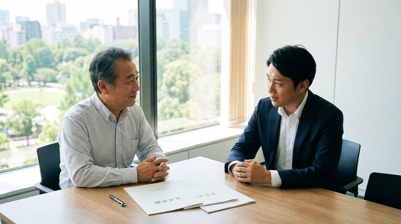 オフィスの会議室で事業承継について話し合う父親と息子。テーブルの上の書類を見ながら、穏やかな雰囲気で会社の未来について語り合っている。