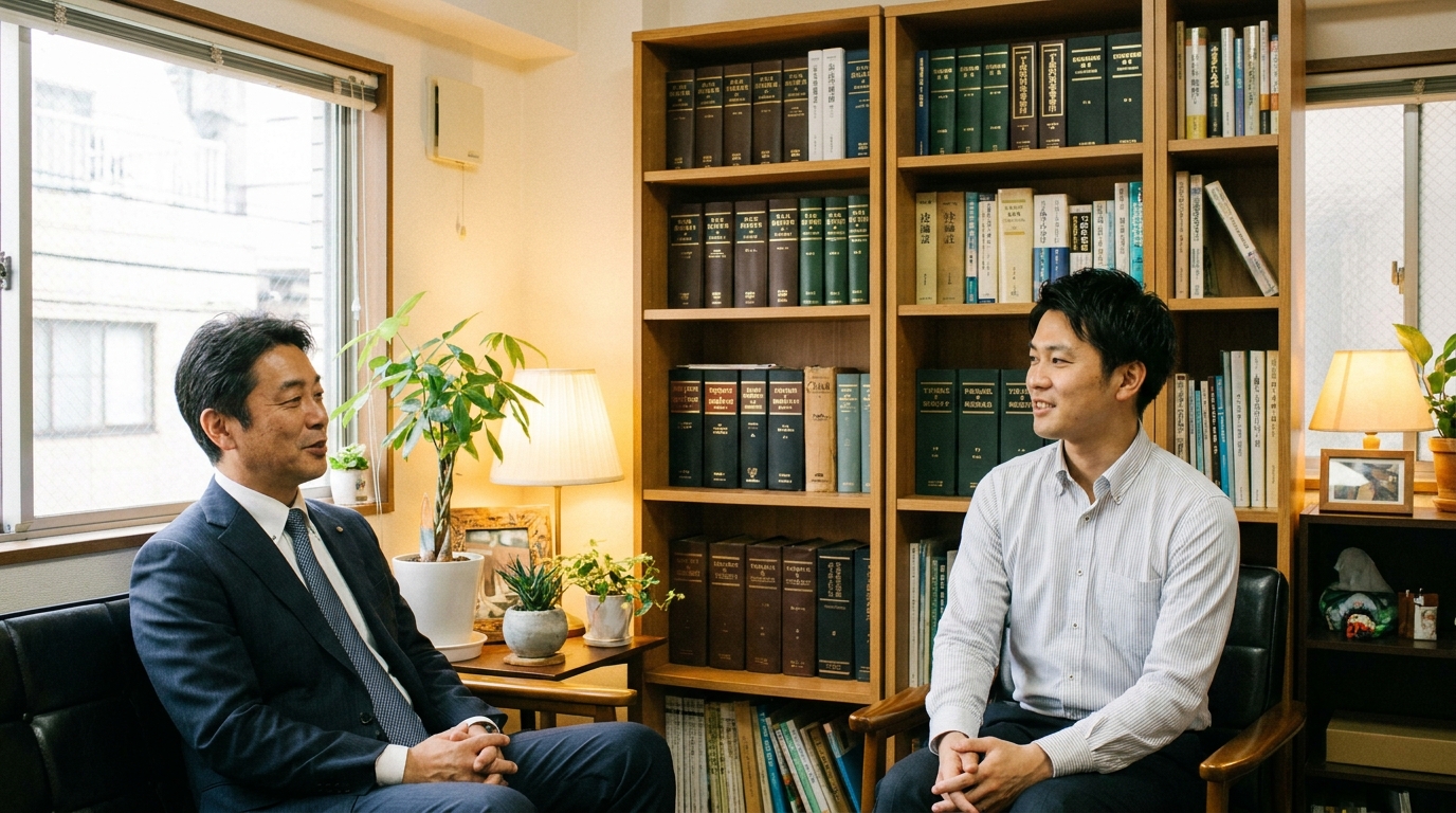 司法書士事務所で相談する男性経営者。司法書士が親身に話を聞き、相談者は安心した表情を浮かべている。