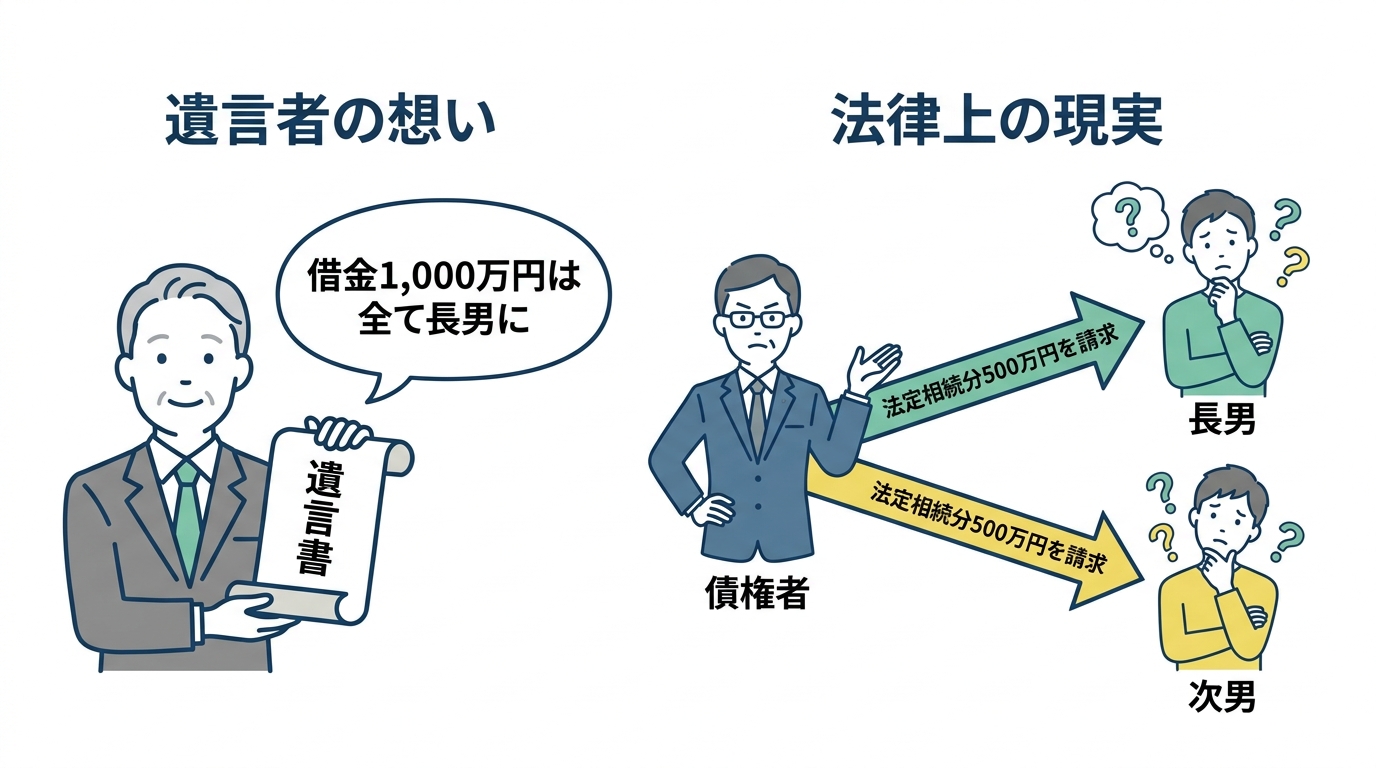 遺言で借金を長男に承継させようとしても、法律上は債権者が長男と次男それぞれに法定相続分を請求できることを示す図解。