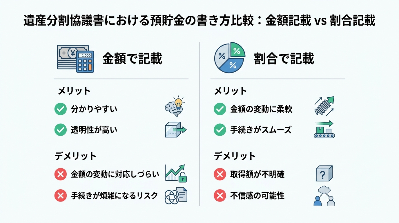遺産分割協議書の預貯金の書き方について、「金額で記載」と「割合で記載」のメリット・デメリットを比較した図解。