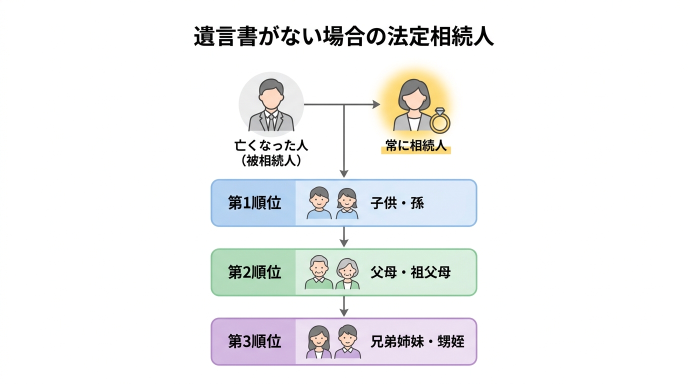 子供のいない夫婦の相続における法定相続人の順位を示した図解。配偶者は常に相続人となり、第1順位が子、第2順位が父母、第3順位が兄弟姉妹となることが示されている。