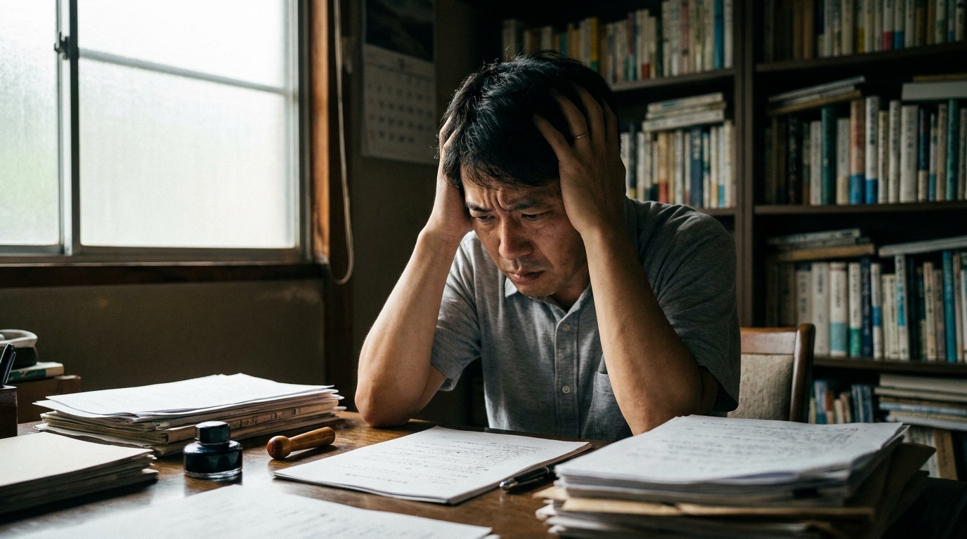遺産分割協議書と印鑑を前に、疎遠な親族への連絡方法に悩む男性