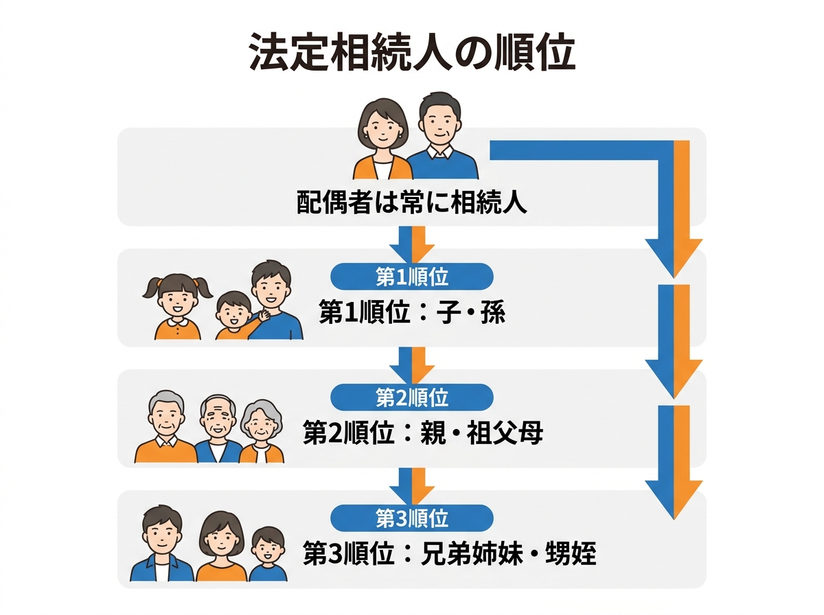 法定相続人の順位を分かりやすく解説した図解。配偶者が常に相続人であり、第1順位が子、第2順位が親、第3順位が兄弟姉妹であることが示されている。
