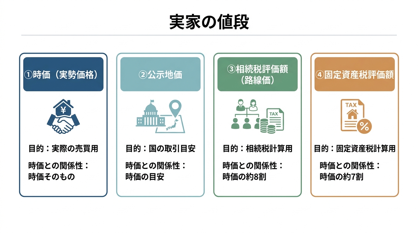相続不動産の4つの評価額「時価」「公示地価」「相続税評価額」「固定資産税評価額」の目的と時価との関係性を比較した図解。